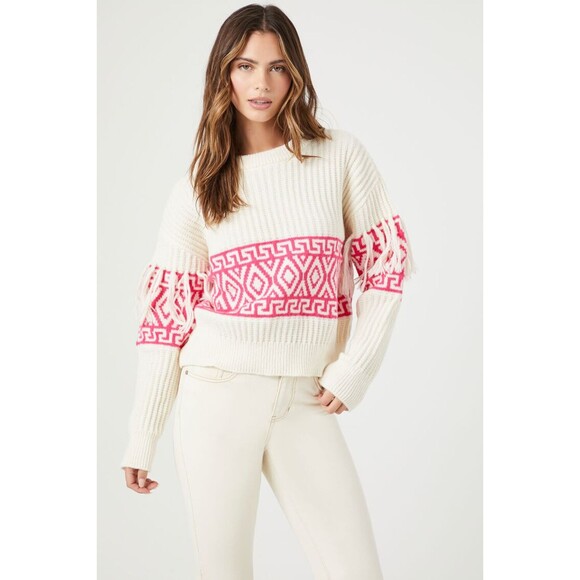 Poof Cuddly Geometric Fringe-Trim Sweater Cozy Chic Retro Twee Indie SZ L:NWT - Picture 1 of 11